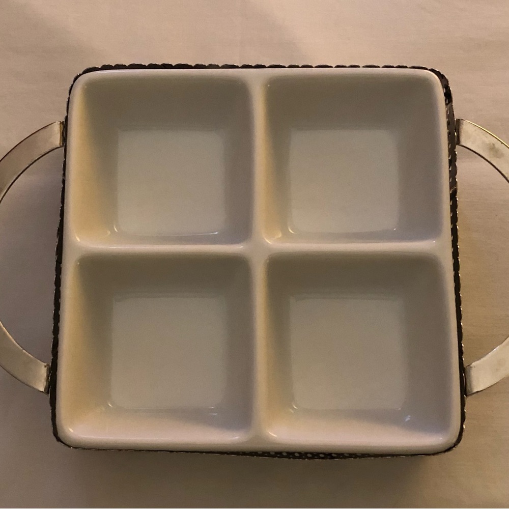 White Ceramic 4-Section Appetizer Server in Silverplate Carrier with Handles
